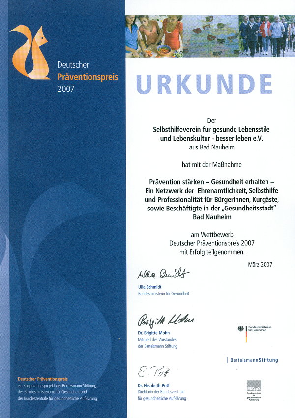 Urkunde Deutscher Pr&auml;ventionspreis 2007